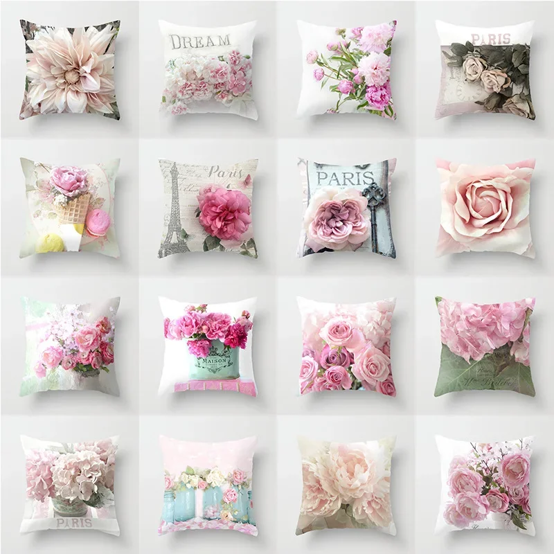 American Country Style Retro Floral Pillowcase Fresh Rose Print Farmhouse Cushions Case Sofa/Seat Decorative Throw Pillow Cover