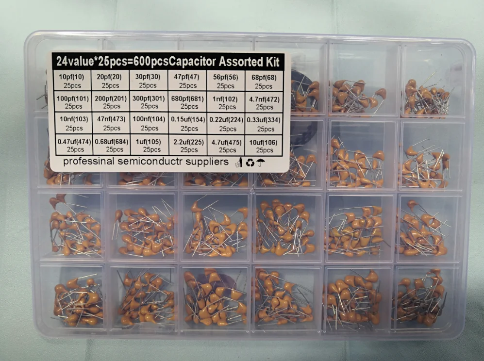 24Value*25PCS 10pf-10Uf  20 30 47 56 68 100 200 300 680/pf 104 102 103 101 473 106 4.7 10 473 100/NF Monolithic Capacitor Kit