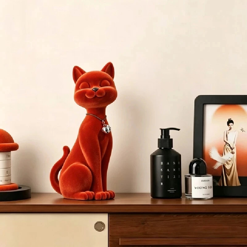 Room Decorations Flocked Cat Statue Lucky Cat Figurine Home Decor Ornament For Living Room Cabinet Desktop Entrance Housewarming