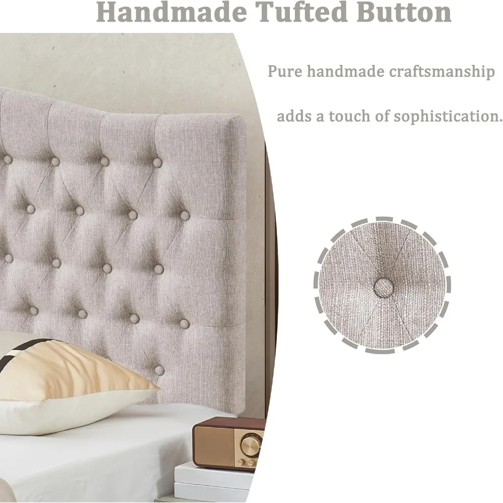 Linen Upholstered King/Cal King Headboard, Tufted Button Headboard for King/Cal King Bed, Neutral Curved Integrated Design