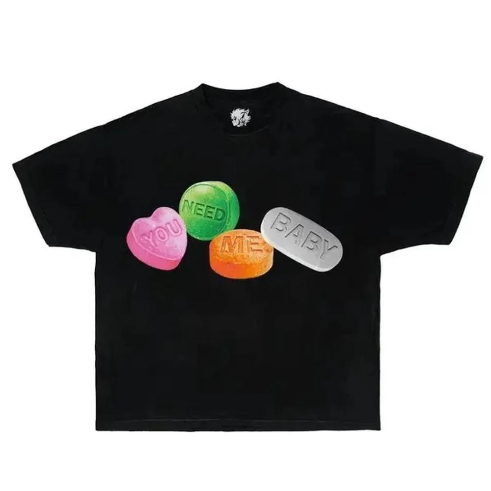 Camiseta CANDY con efecto teñido, corte holgado, algodón ultra suave, estilo streetwear, moda Y2K, con estampado Grillz Pills