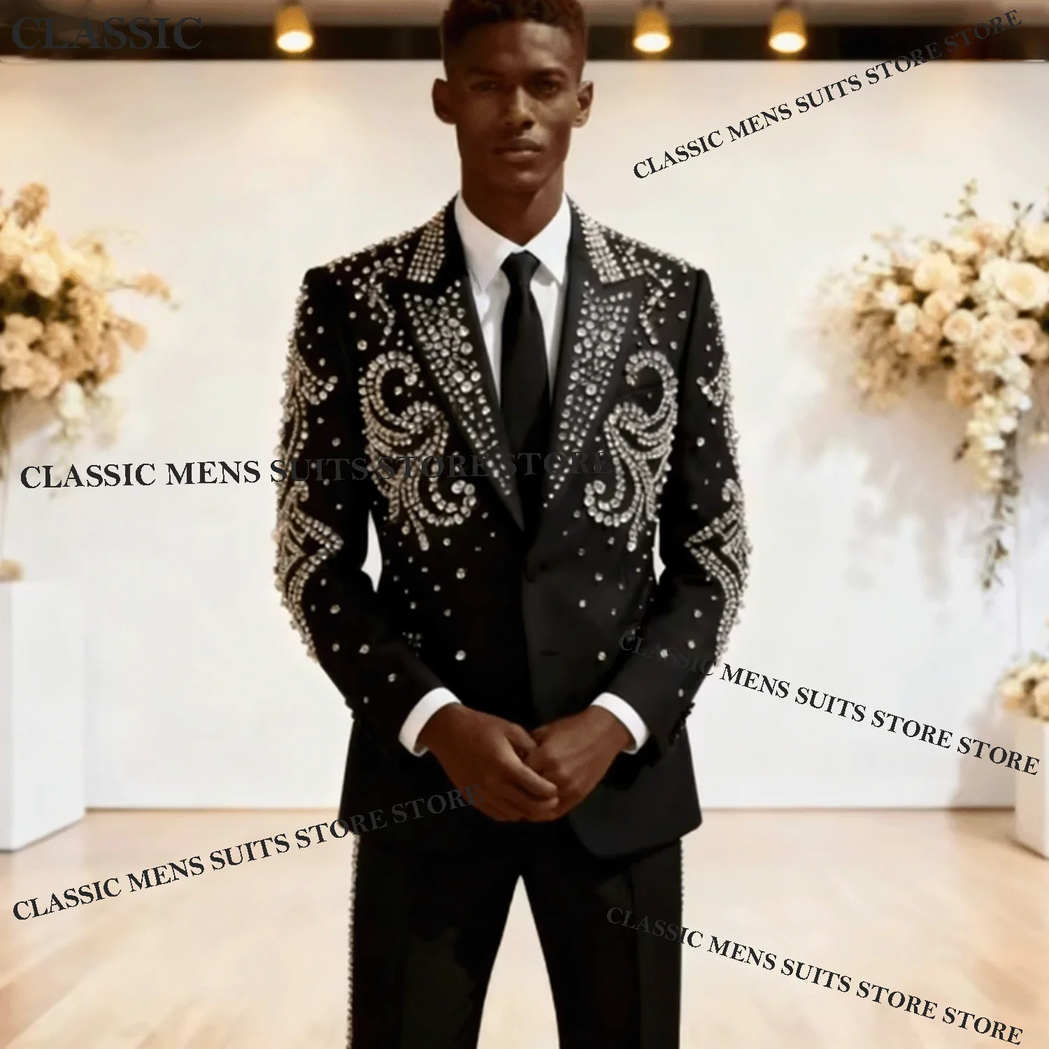 

Мужские свадебные костюмы с блестящими стразами и кристаллами, приталенные смокинги для жениха, комплекты из 2 предметов, мужские пиджаки, индивидуальный пошив