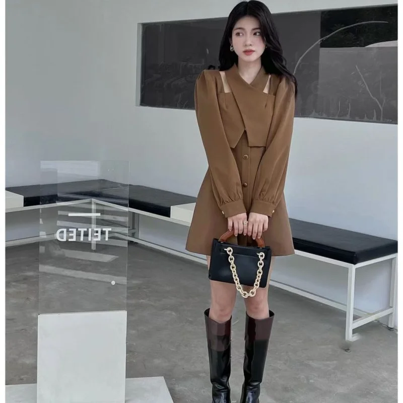 

Spring Autumn New 2023 Neck Hanging Neck Design with High Sense Suit Dress Goddess Style Unique Stunning Short Skirt for Women