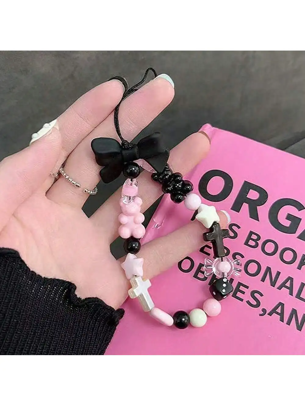 

Sweet Cool Girl Butterfly Knot Phone Case Strap Black Pink Bear CCD Camera Pendant Beaded Mobile Phone Chain Ins Style