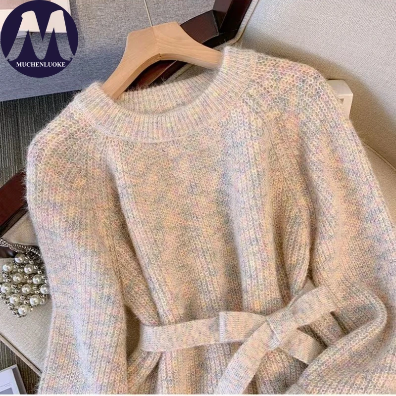 Camisola para mulher outono inverno novo estilo preguiçoso o pescoço de malha rendas até blusas moda coreana casual solto pullovers femininos