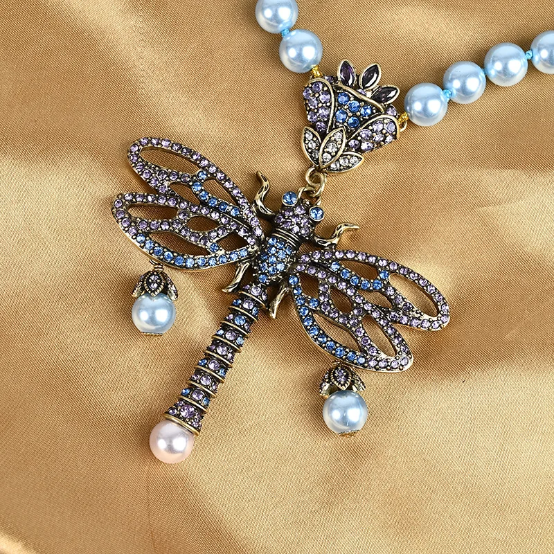 Vintage New Glass Dragonfly Pearl Necklace Pendant with Diamond Retro Artistic Necklace