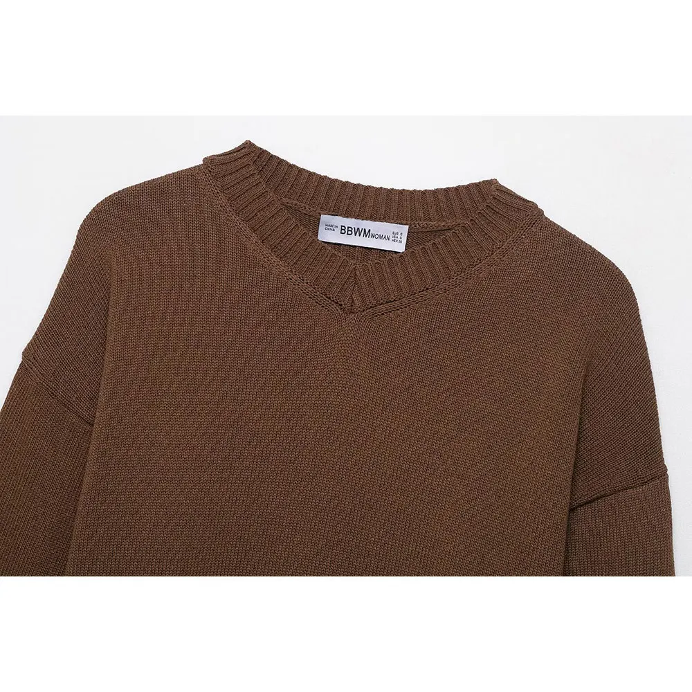 DUOPERI, prendas de punto para mujer, Jersey de punto marrón a la moda, suéter informal con cuello en V y mangas largas, Tops elegantes para mujer