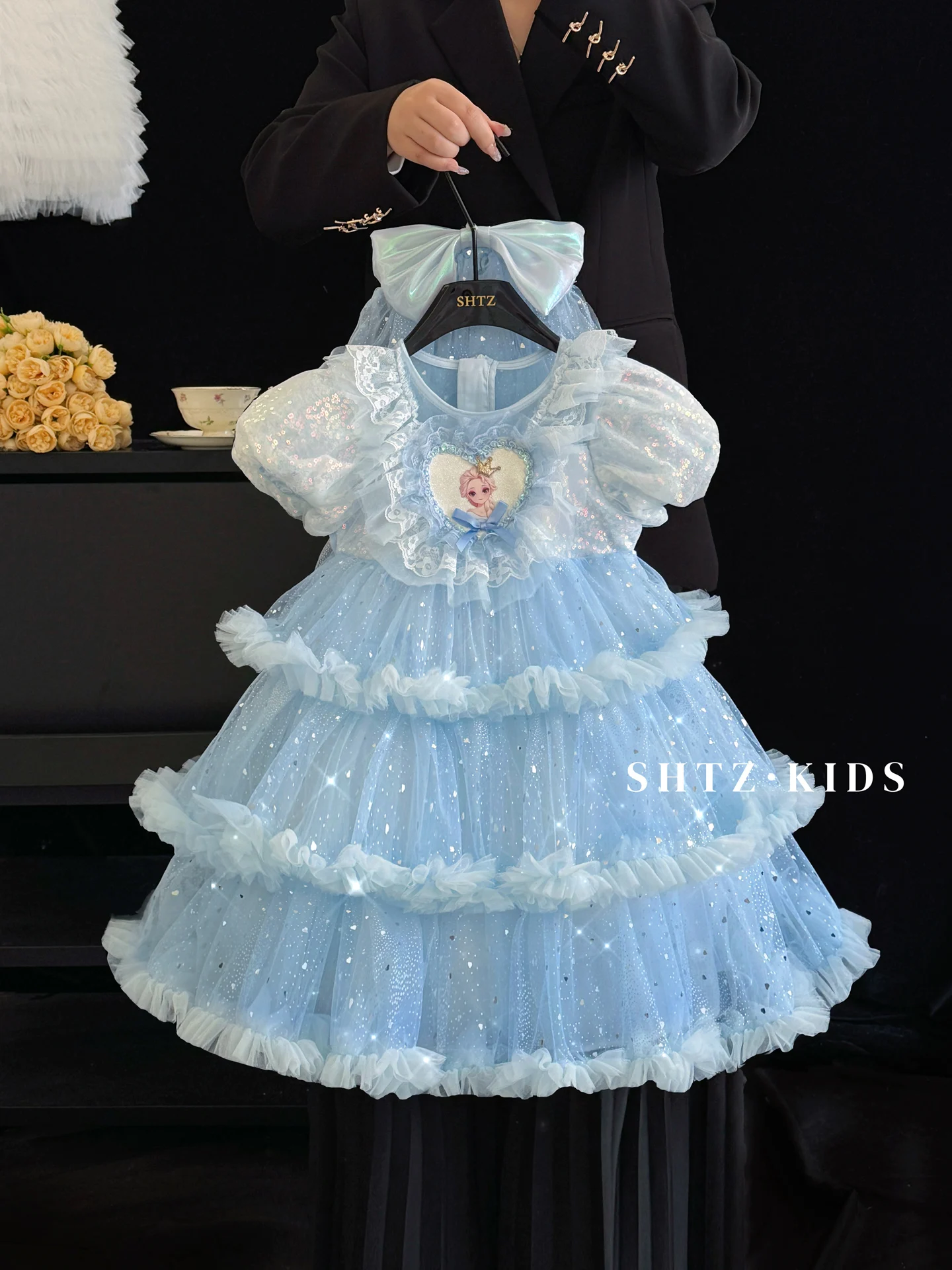 elegant-princess-dress-for-girls-heavy-embroidery-birthday-cake-blue-lolita-skirt-summer-children's-puffy-skirt-short-sleeve