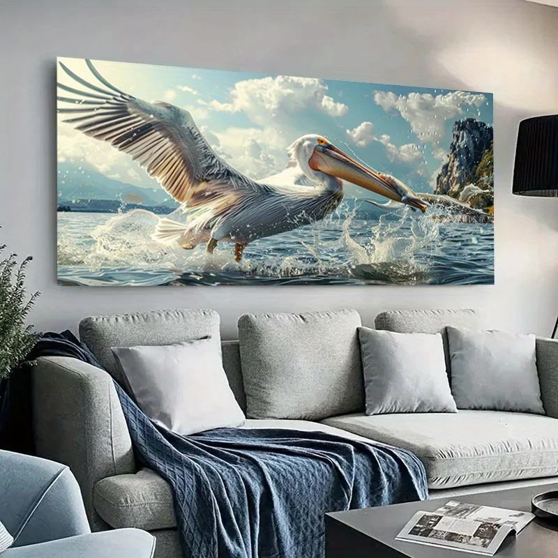 Large-sized frameless canvas paintings,Blue Sky and Ocean Scene with Soaring Pelican Poster and Prints Canvas Painting Wall Art