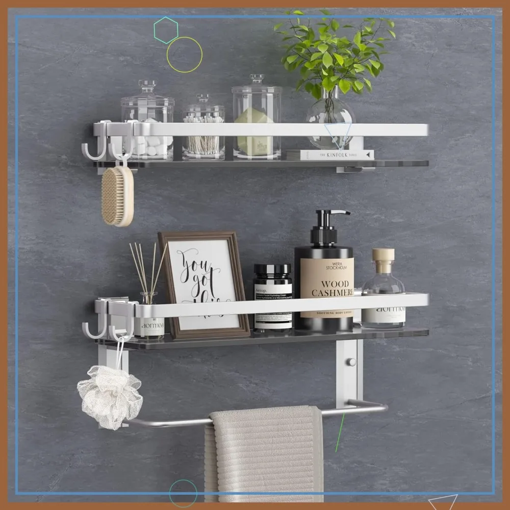 

Полка для ванной комнаты из черного закаленного стекла 15,7 дюйма с вешалкой для полотенец и 4 съемными крючками — нержавеющий настенный органайзер для хранения