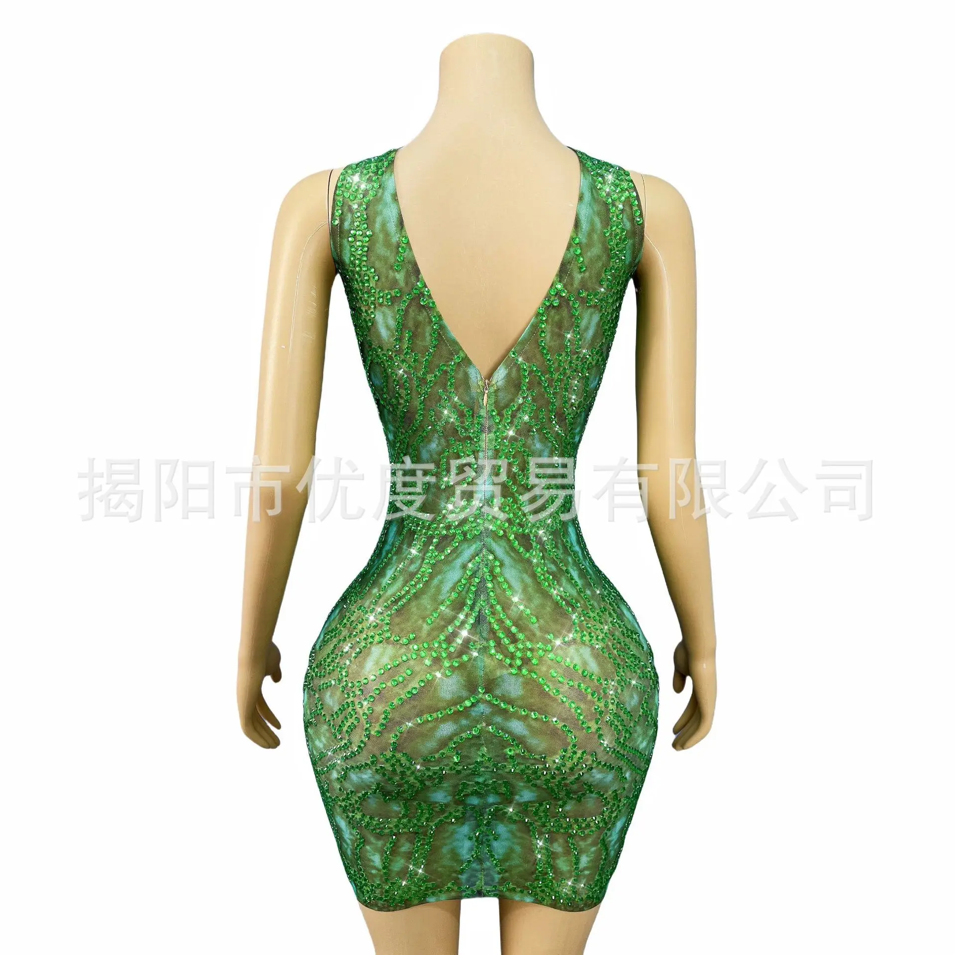 Sexy vert strass licou découpé robe fête d'anniversaire dos nu scène tenue ombre vert concepteur luxe robes de soirée