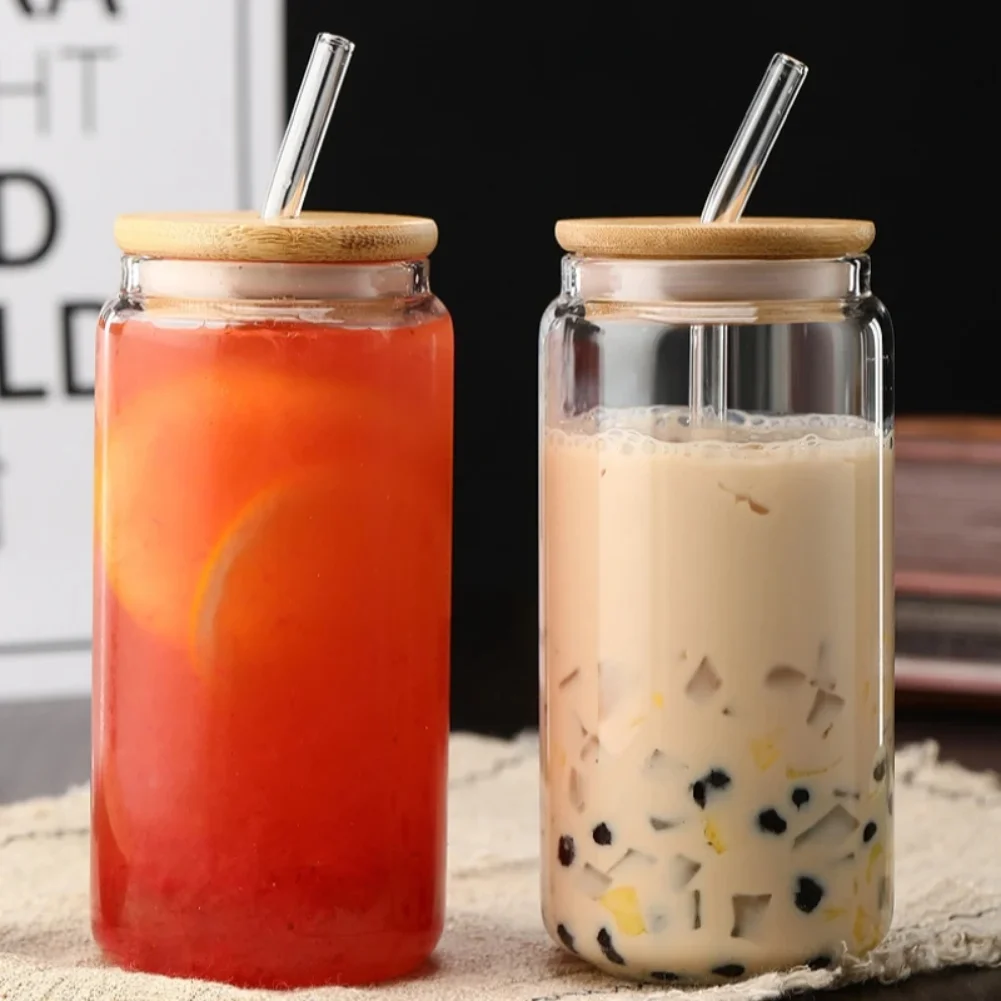 

450ml/550ml Glass Cups with Bamboo Lids and Straw 1pc Mason Jars Coffee Mug Beer Can Shaped for Cocktail Milk Juice Cola Gift