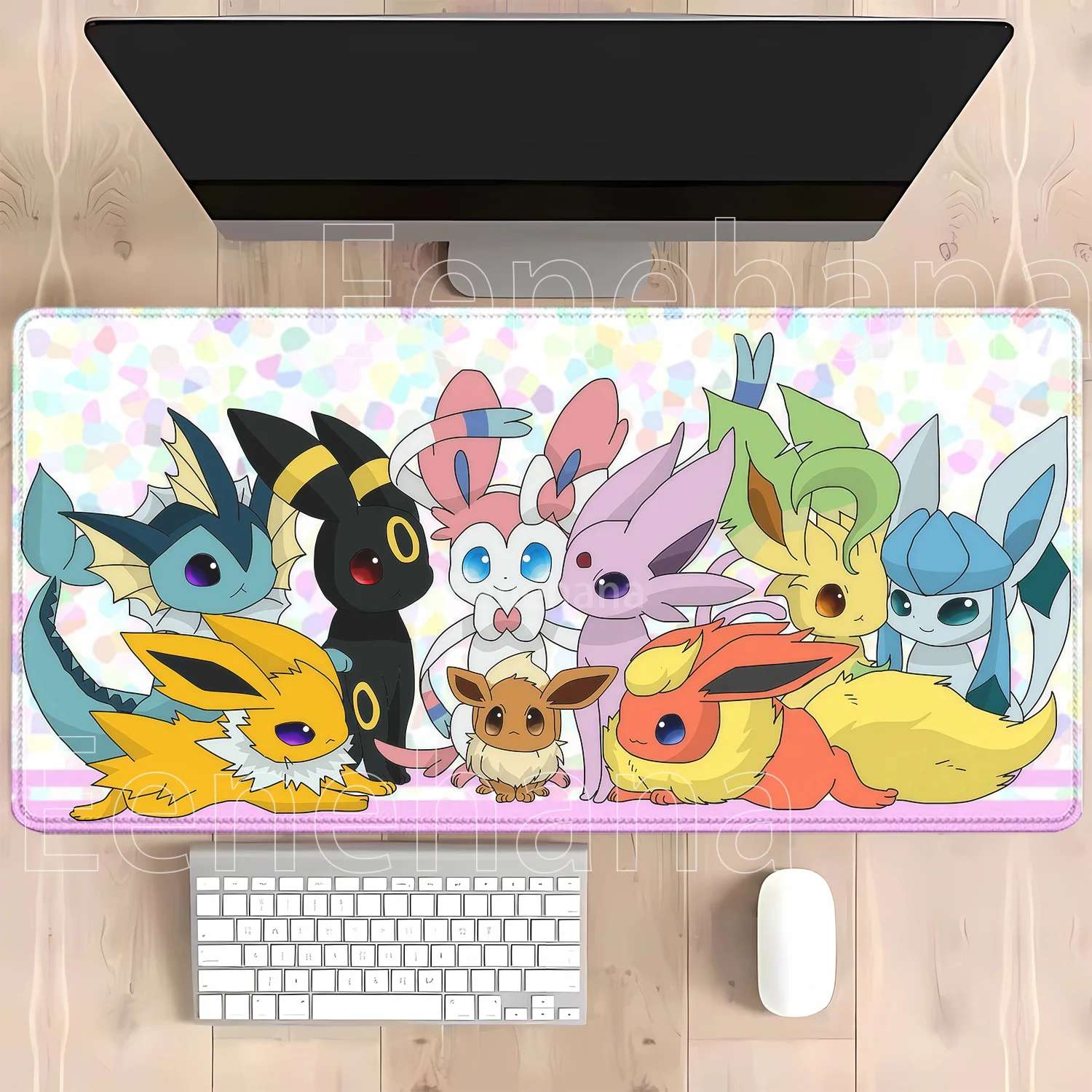 Anime Eevee Pokemon Gaming-Mauspad Kawaii XXL PC-Tastatur-Overlock-Teppich Bürozubehör Gummi HD-Druck Overlock-Schreibtischunterlage