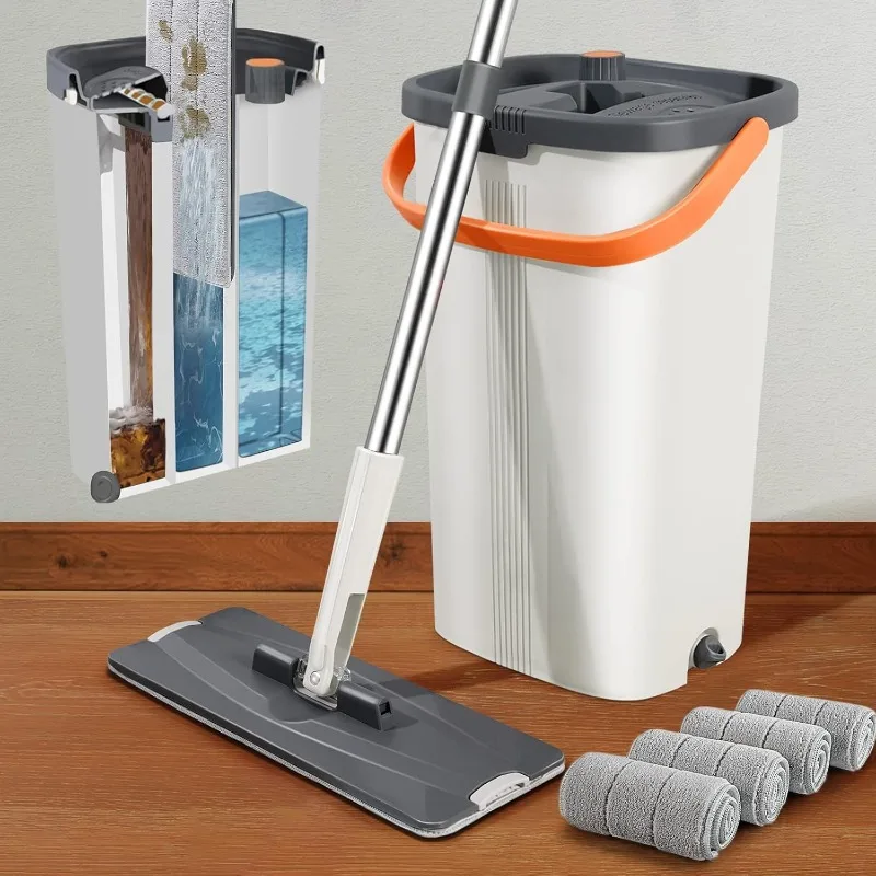 

Flat Mop and Bucket with Wringer Set, 3-Chamber Design Separates Dirty and Clean Water, Wet and Dry Use, Automatic Wringi