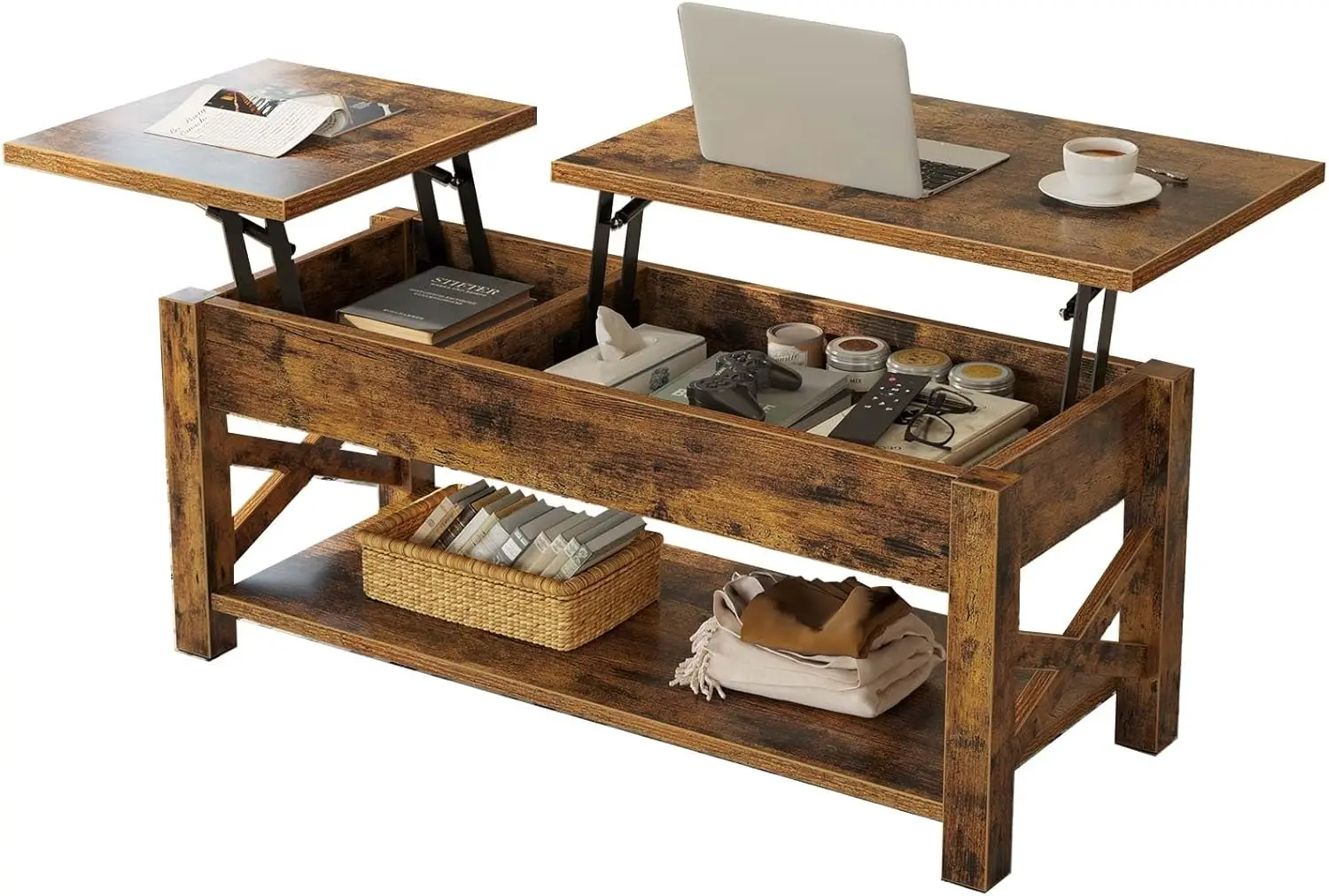 

Журнальный столик с подъемным верхом 47,2 дюйма со скрытым хранилищем, открытой полкой и X-подставкой для гостиной коричневого цвета в деревенском стиле