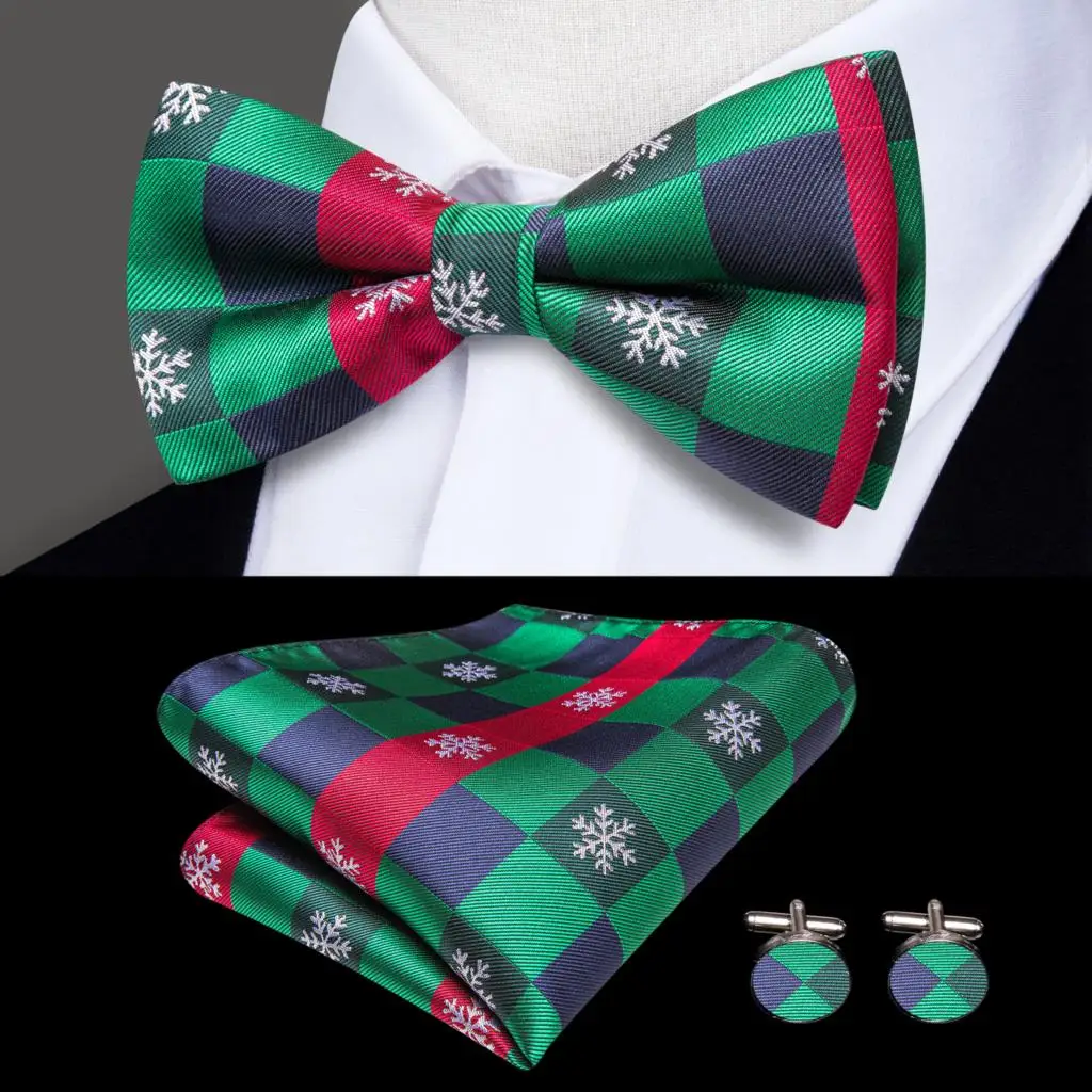 Hi-Tie Green Christmas Snow Silk Suspender Bowtie, Hanky Cufflink, clipe ajustável, chaves de Natal masculino, casamento, atacado