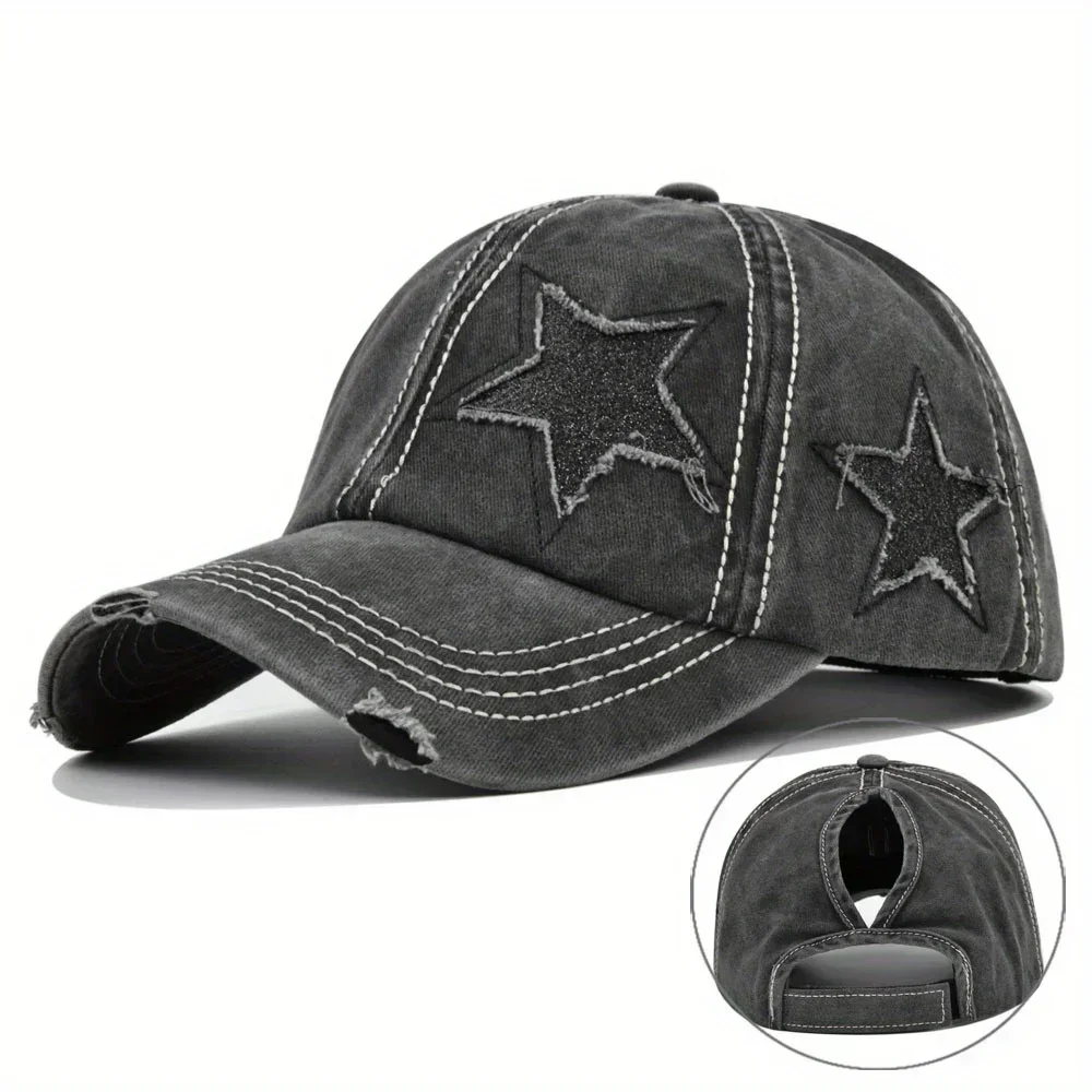 Punched Glitter Pentagram Baseball Hat Neutral Cowboy Punched Dad Hat Retro Fashion Washed Vintage Hip Hop Hat