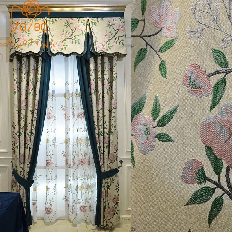 

Pastoral American Countryside Cream Color Cotton Linen Printed Patchwork Curtains for Living Room Bedroom French Window Valance