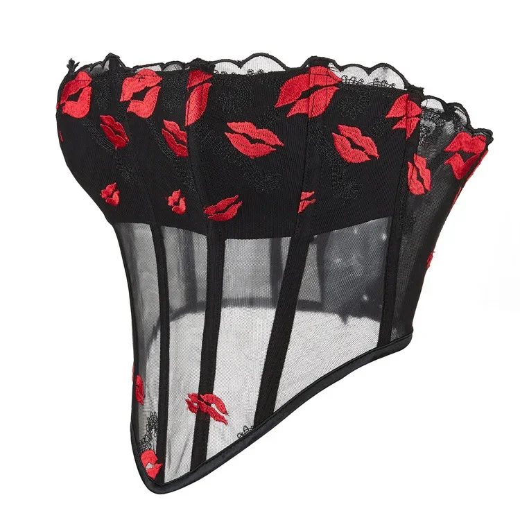 Sexy Women Lace Gauze Mesh Red Lip Print Embroidery Overbust Corset Slimming Belt Waist Trainer Outer Wear Corset