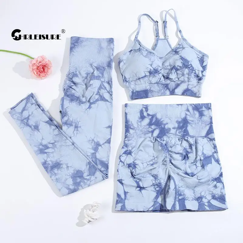 CHRLEISURE Sports Suit for Women Tie Dye Yoga Set 2/3PCS Seamless Fitness Outfit Athletic Bra with Workout Legging Gym Tracksuit