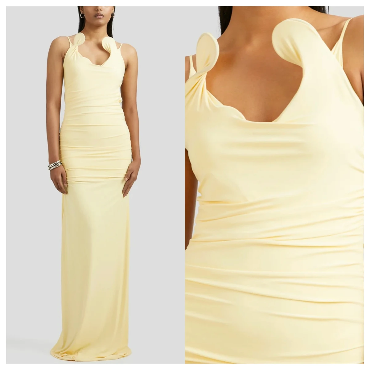 Vestido de noche elegante personalizado de Jersey amarillo, cuello cuadrado, tirantes finos, vestido de fiesta sin mangas, vestidos para ocasiones especiales