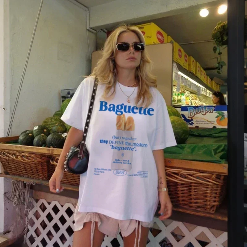 

Plus Size Women Tshirt Retro French Baguette Graphic Tops Y2k Aesthetic Streetwear Shirt Cute Bread Lover Shirt Female Clothing