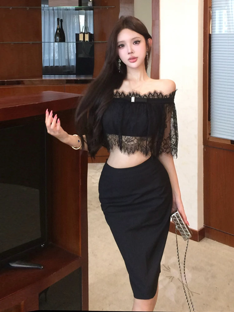 

Sexy Lace Knot Half-length Skirt Set with One-shoulder High-waist Shorts Women's Fashion Summer Outfit Casual Wear