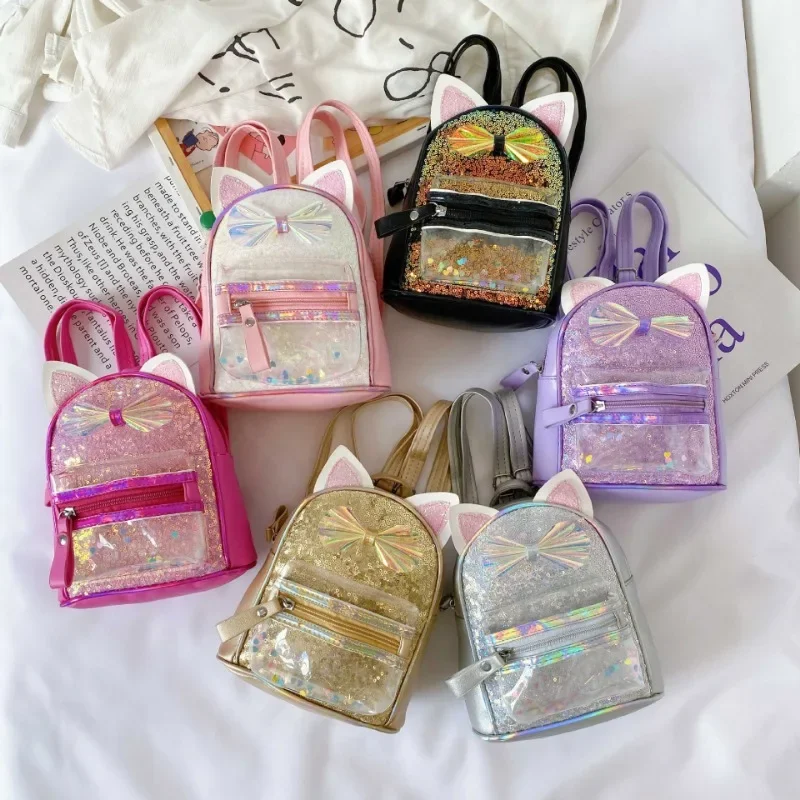 Fashion Sequins Girls Backpack Bow Cute Glitter School Bag Cartoon Princess Zipper Shoulder Bag Kindergarten Ears Backpack