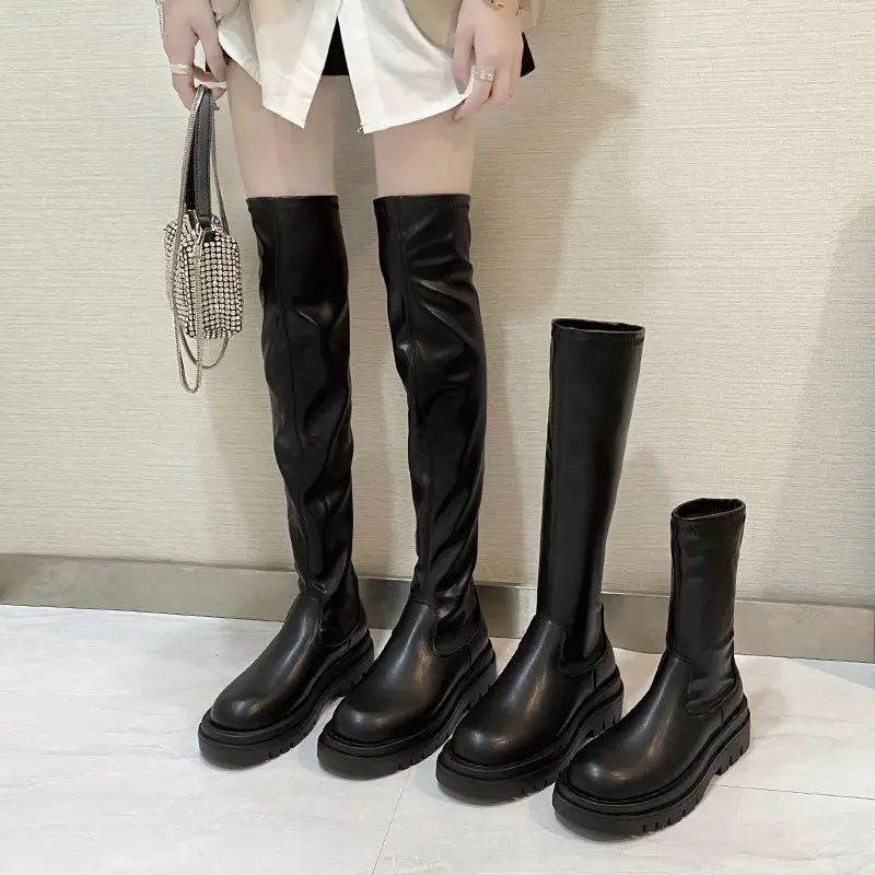 Botas Hasta El Muslo Para Mujer, Elegantes, Góticas Y Sexys, Plataforma Gruesa, Tacón Alto, Negras, Para Otoño._voghion.com