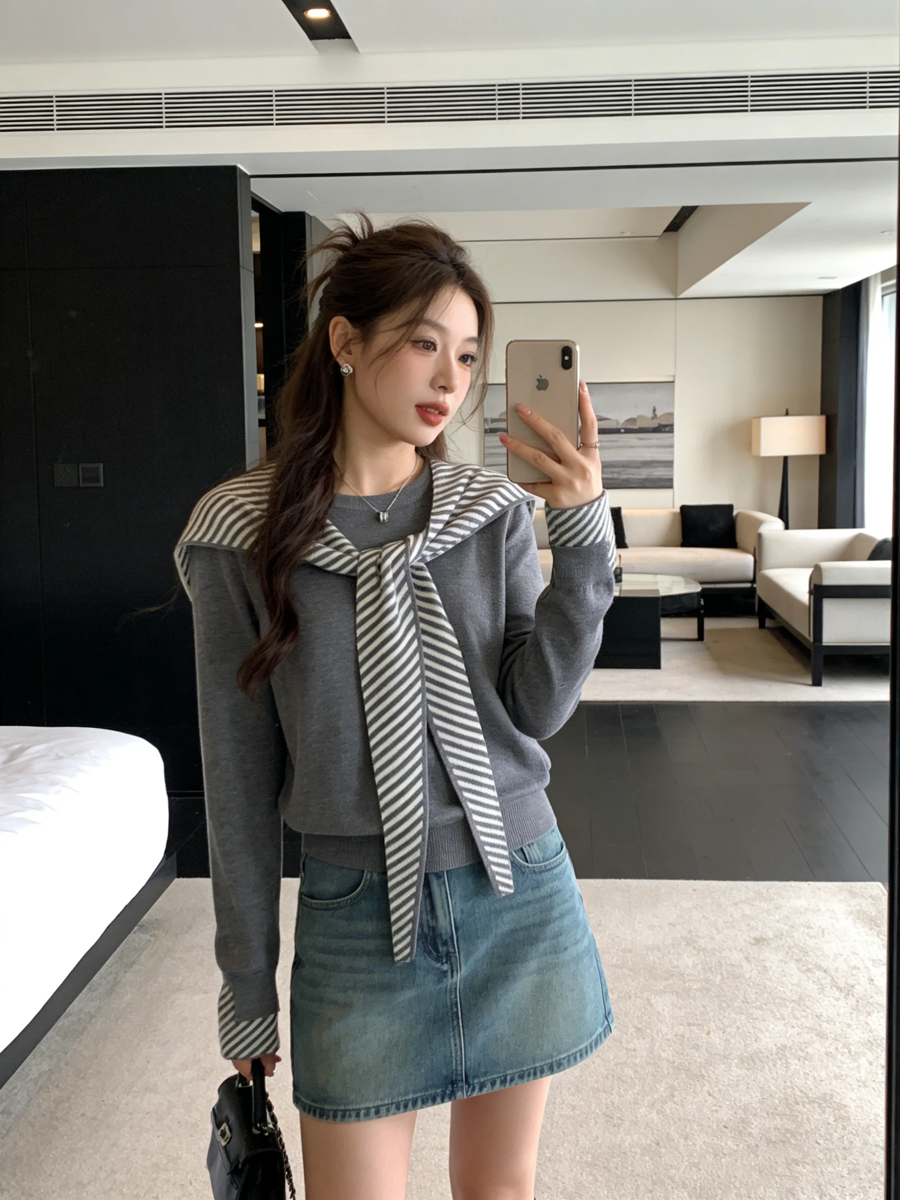 

Korean Sle College Wind Striped oulder Wrap Long Sve Knitted Set Early Spring New Casual Slimming Youthful Top