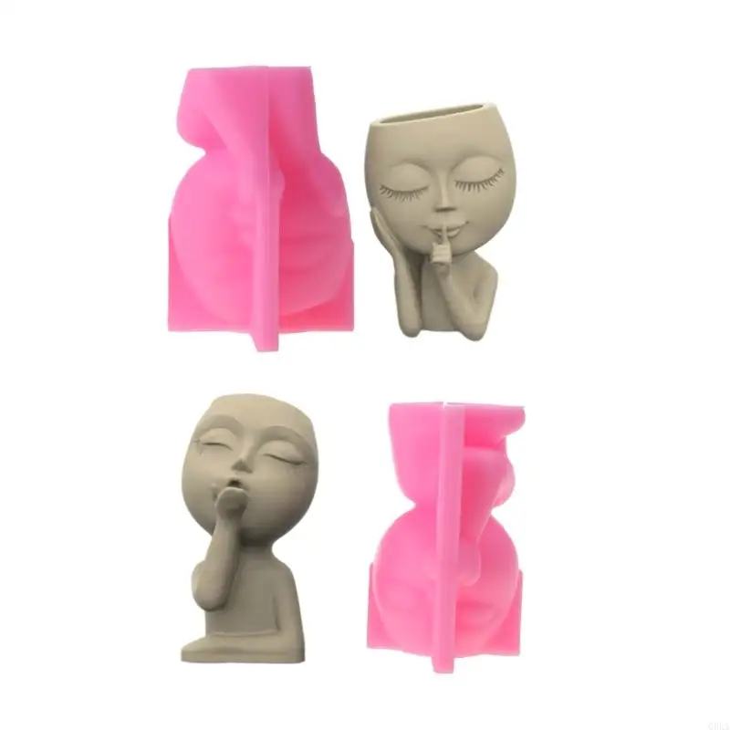 Q0KA Girl Head-Silicone Flower Pot Mold Concrete Candlestick Silicone Holder Mold Succulent Planter Cement Clay Mold