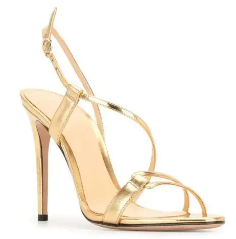 

New Women Gold Leather Narrow Band Cross Strap Thin Heels Summer Sandals Female Open Toe High Heel Party Evening Prom Shoes