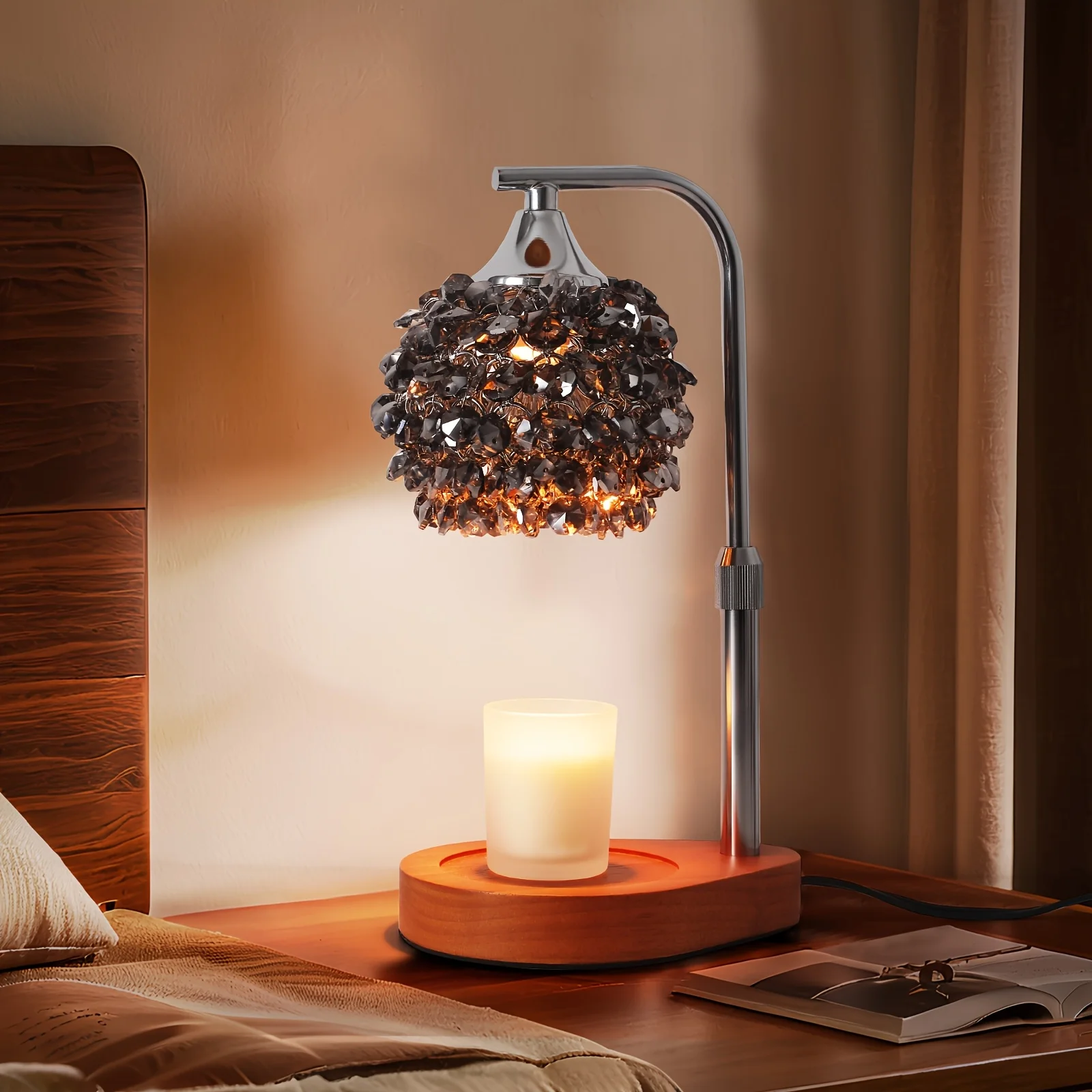 Flameless Candle Warmer Lamp | Adjustable Height & Dimmer, No Bulb Included, with Amber, Black, or Golden K9 Crystal Shade