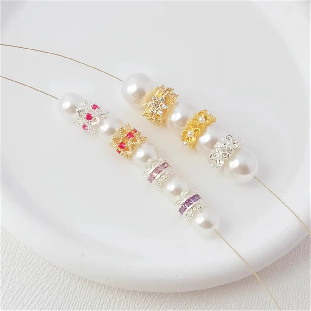 

Silver 14K Gold-plated Micro-inlaid Zircon Large-hole Bucket Bead Flower Ring Pendant DIY Handmade Bracelet Necklace Accessory