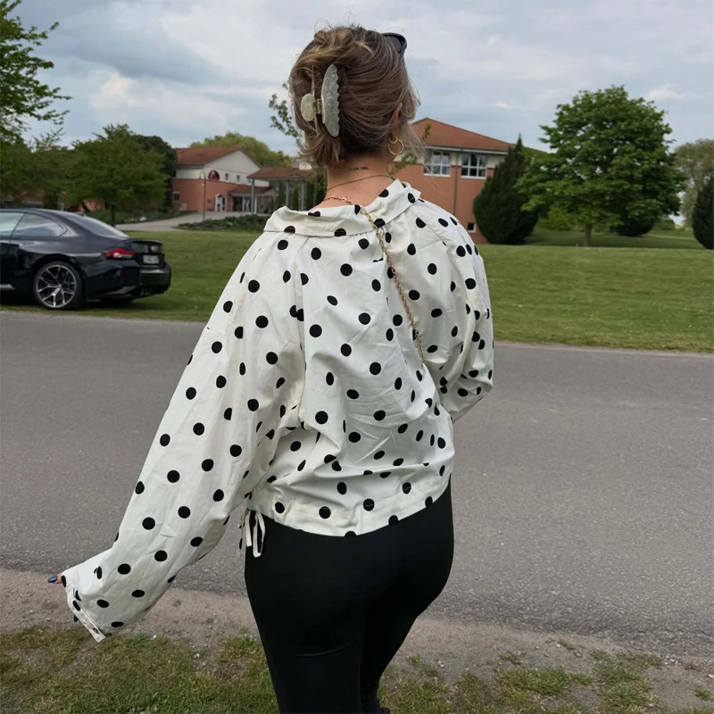HXAO 2026 Woman Bomber Jacket Polka Dot Women's Demi-Season Jacket Spring Summer Loose Button Up Cropped Coat Tied Bow Outerwear