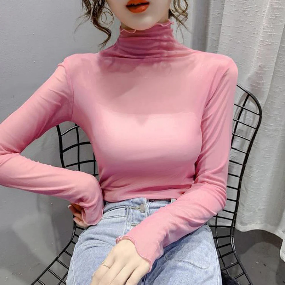 여성의 관점 레이스 티셔츠, 나무 귀 얇은 긴 소매 여성 블라우스, 기질 메쉬 터틀넥 탄성 탑 레이디 
