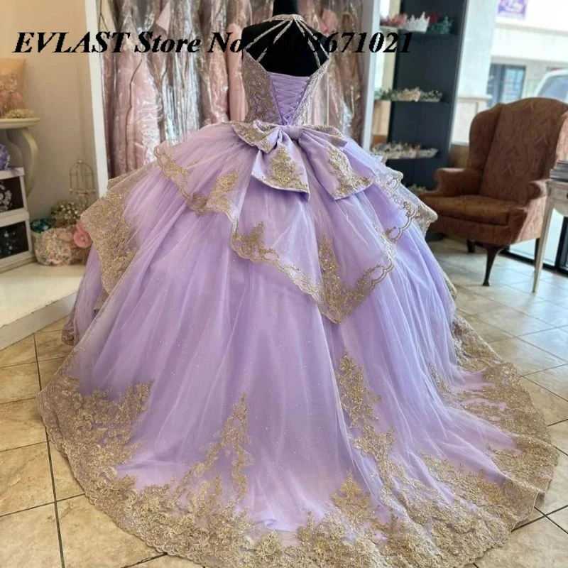 EVLAST Блестящее лавандовое платье Quinceanera, бальное платье с золотой кружевной аппликацией и бисером, многоуровневый бант Sweet 16, Vestidos De XV 15 Anos SQ9