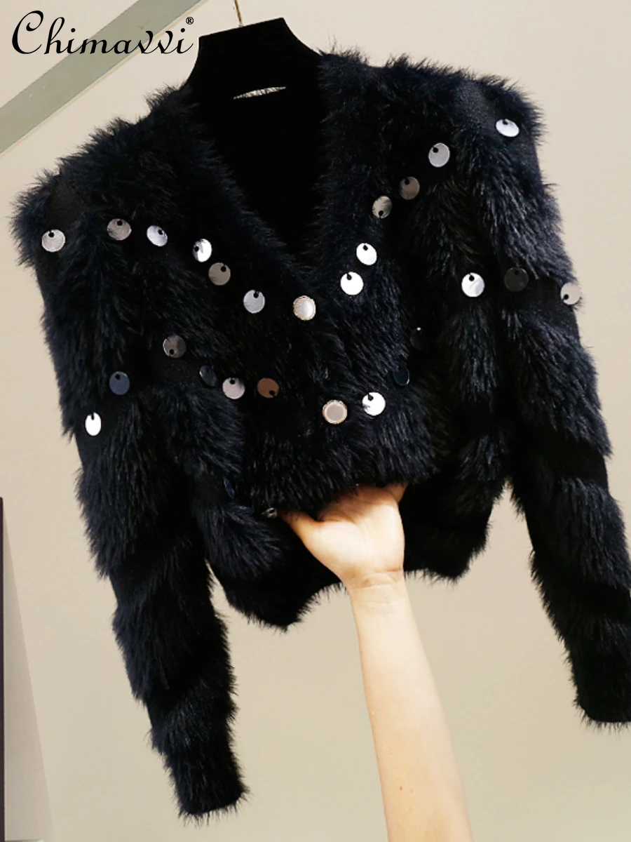 

Heavy Sequins Imitation Fur Single-Breasted Long Sleeve Sweater Autumn and Winter New Fashion Slim Elegent Women's Cardigan