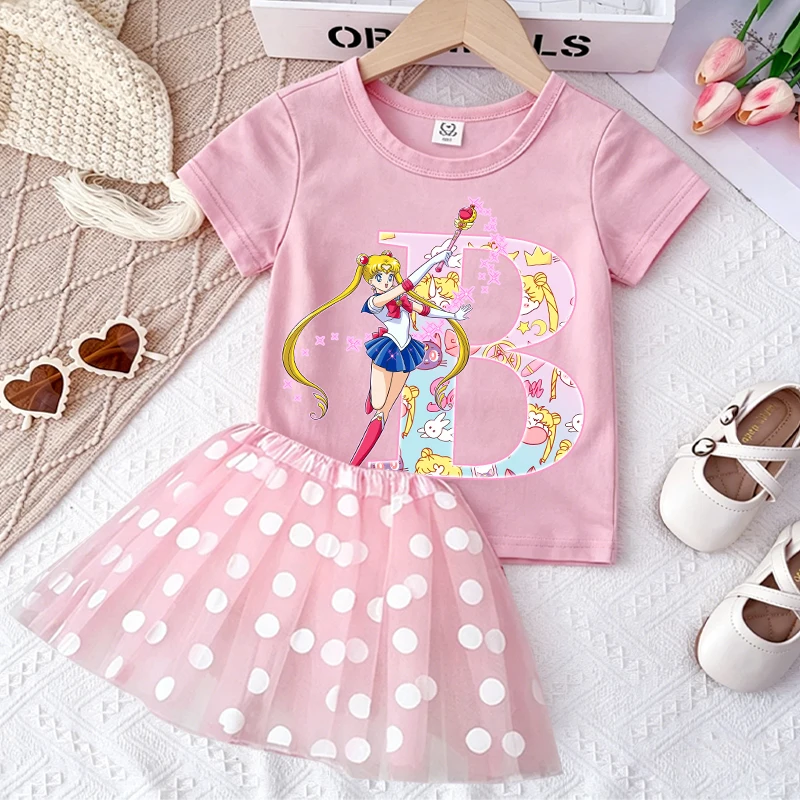 Sailor Moons T-shirt Skirt Set Girls Cute Letter A-Z Tees Yarn Skirts Summer Kids Clothes Tops Kilt Short Sleeves Children Gift