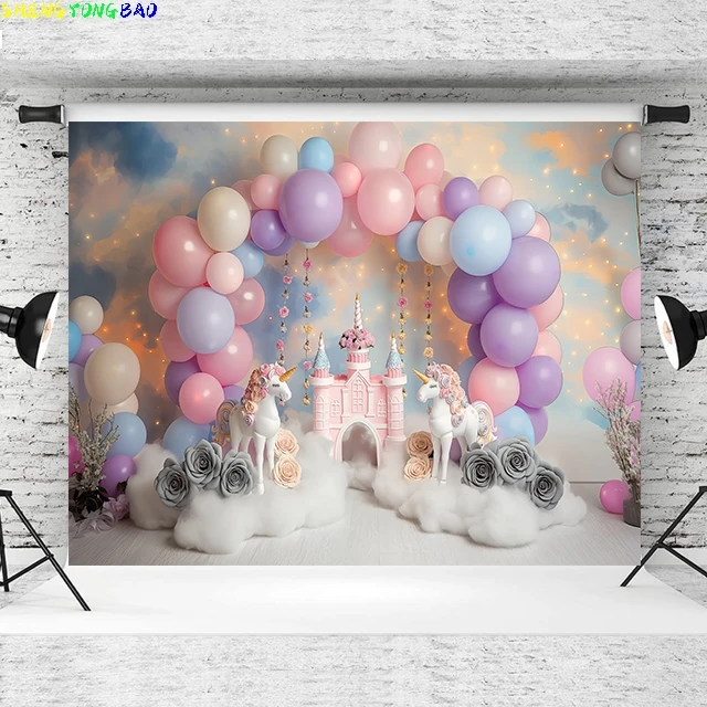 Beenle arco-íris unicórnio pano de fundo feliz aniversário bolo quebra festa decoração banner retrato do bebê fotografia fundo estúdio foto