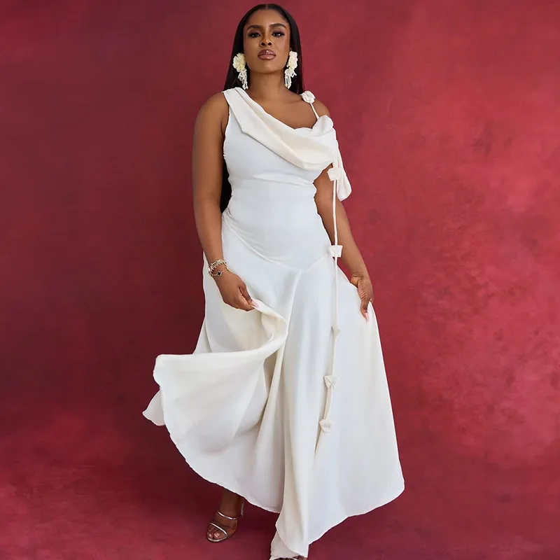 

Women Off Shoulder Dresses A Line Solid Dress Lace Up Ankle Lenth Sleeveless Waist Cinch Slim Casual Sexy Elegant 2025 Summer