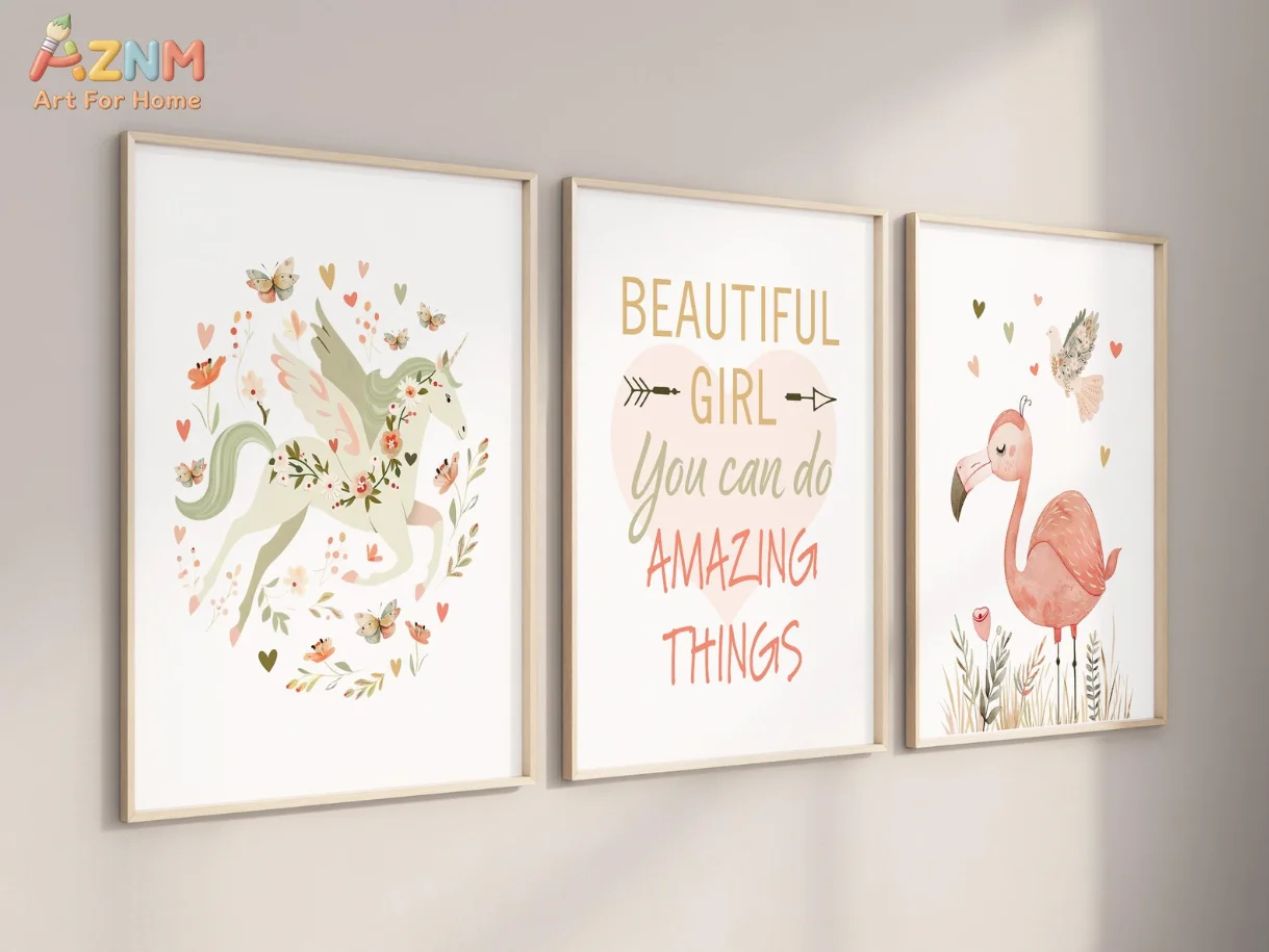 AZNM - Lienzo Decorativo con Diseño de Unicornio y Flamenco en Acuarela, Impresión con Frases Inspiradoras, Pintura en Lienzo para Decoración de Habitación Infantil