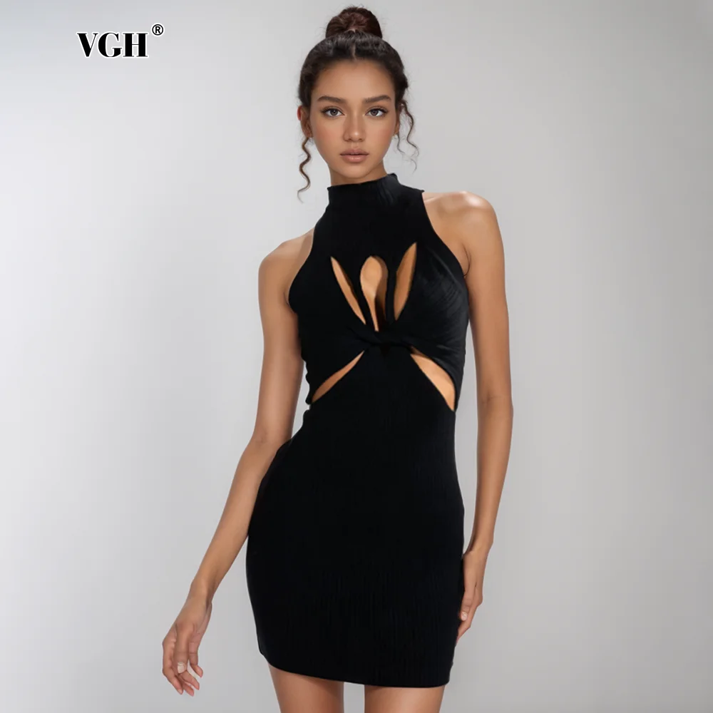 

VGH Sexy Chic Hollow Out Slimming Dress For Women Stand Collar Sleeveless High Waist Knitting Pullover Dresses Female Style New