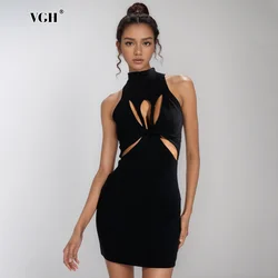 VGH Sexy Chic Hollow Out Slimming Dress For Women Stand Collar Sleeveless High Waist Knitting Pullover Dresses Female Style New