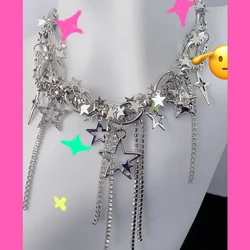 Y2K Accessories Shiny Star Necklace Korean Fashion Chain Crystal Choker Punk Charm Cross Pendant Necklace for Women Punk Jewelry