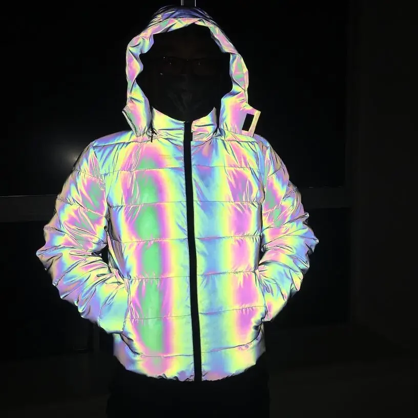 Men Rainbow Color Reflective Jacket Winter Coat Parka Women Shiny Colorful Reflect Light Coats Casual Jackets