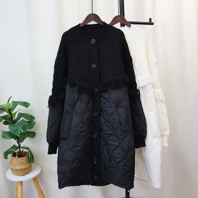 WTHT Fashion Women\'s Spliced Tassel Knit Warm Coat 2024 Winter Trendy O-neck Single Breasted Long Jacket Female 1LS231
