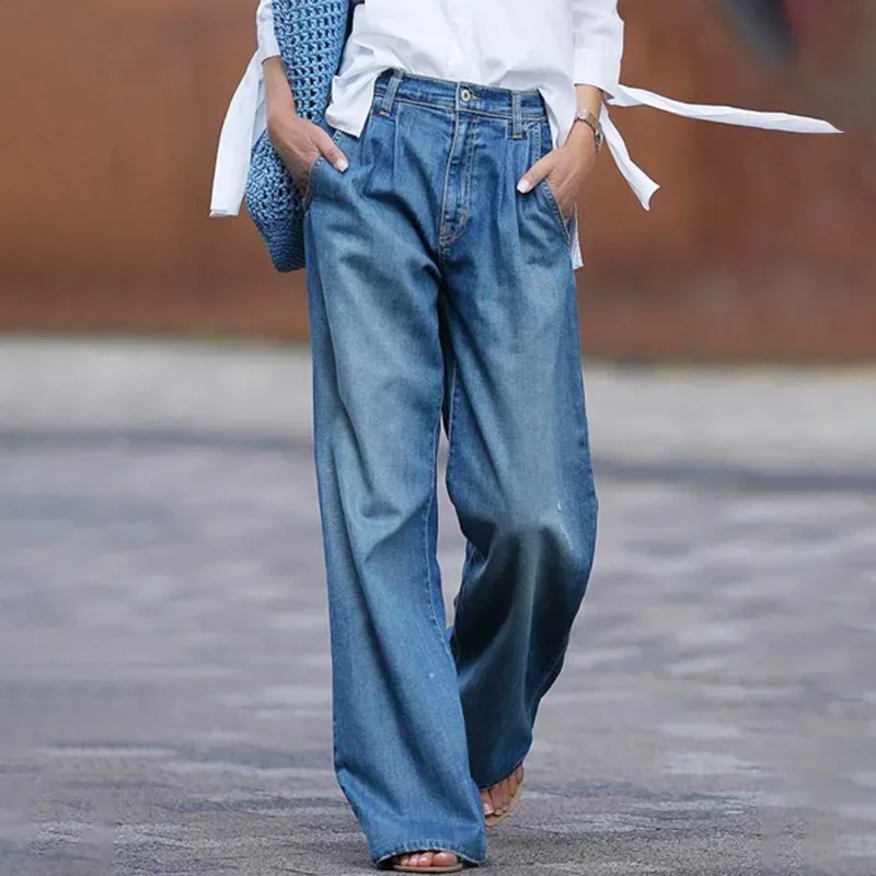 Women's High Waist Loose Wide Leg Pants Pants Denim Jeans Bleached Full Length Pants