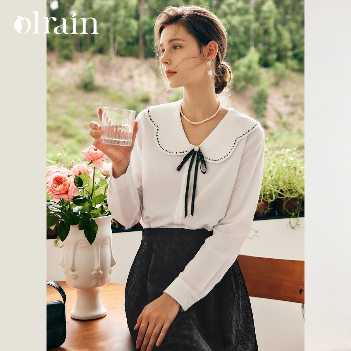 

OLrain Women's Elegant White Shirt 2025 Early Autumn Ladies Tops and Blouses Bow Tie Long Sleeve Tops for Woman O22QX63108