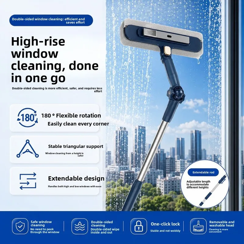 Double Sided Window Cleaning Kit With Extension Pole Glass Wiper Scrubber Brush Household Window Washing Tool For High Rise Wind